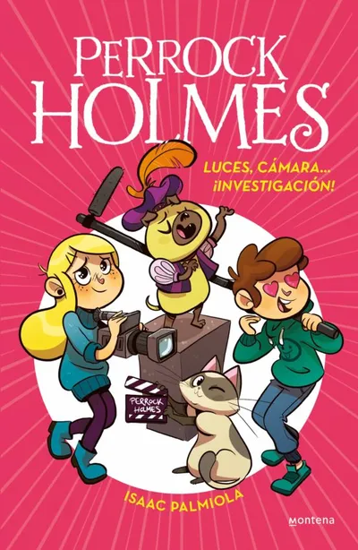 Portada del libro «Luces, cámara... ¡Investigación!», volumen 18 de la saga Perrock Holmes, de Isaac Palmiola. Idioma Castellano, 72 páginas, editorial Montena, publicado en 2022.