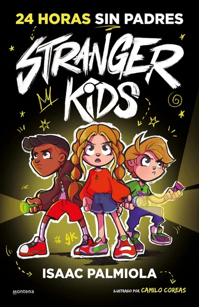 Portada del libro «24 horas sin padres», volumen 1 de la saga Stranger Kids, de Isaac Palmiola. Idioma Castellano, 160 páginas, editorial Montena, publicado en 2023.
