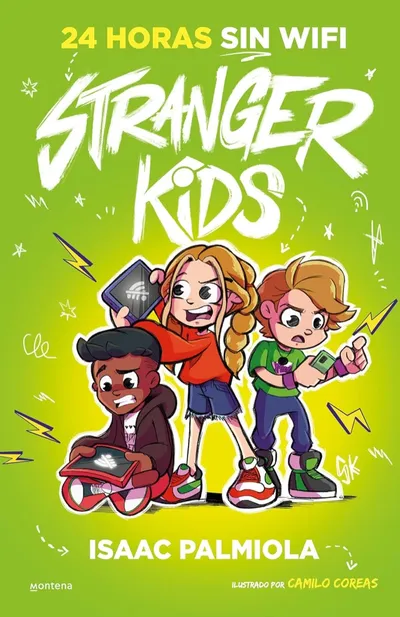 Portada del libro «24 horas sin wifi », volumen 2 de la saga Stranger Kids, de Isaac Palmiola. Idioma Castellano, 160 páginas, editorial Montena, publicado en 2023.